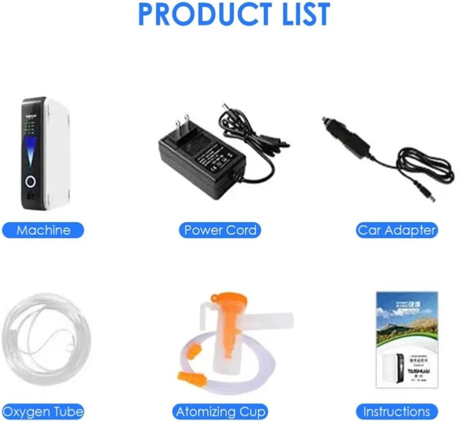 Contents overview showing the machine, power adapter, car adapter, nasal oxygen tube, atomizing cup with tubing, and 3