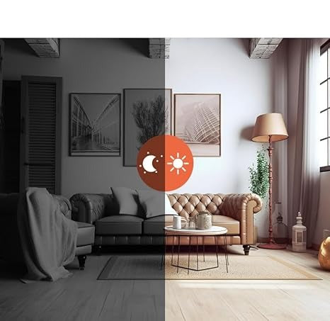 Living room split in two halves, grayscale night view on the left and full-color daytime view on the right 5