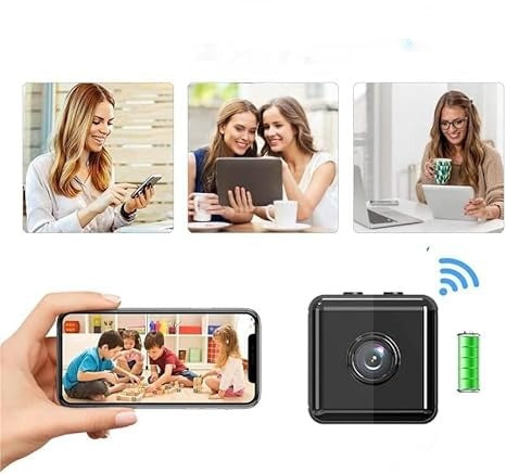 Collage of people using phones and tablets beside the black camera with Wi-Fi and battery icons 4