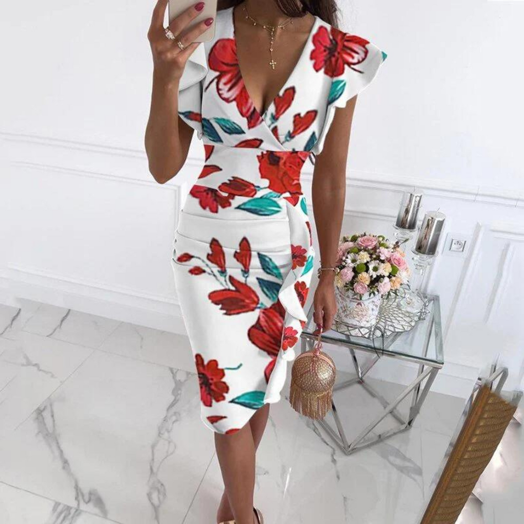 Vestido elegante com decote em V e mangas plissadas - Maud