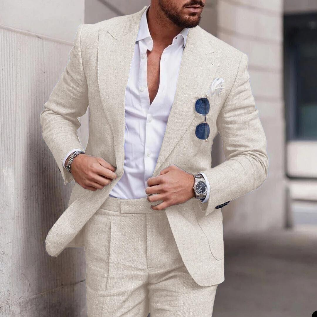 Conjunto de Praia de Linho em Duas Peças para Casamento Masculino - Caden