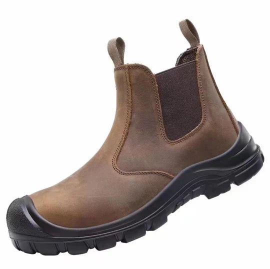 Single brown suede-look boot with elastic side panel, pull loops and a black protective toe cap on a lugged sole 5