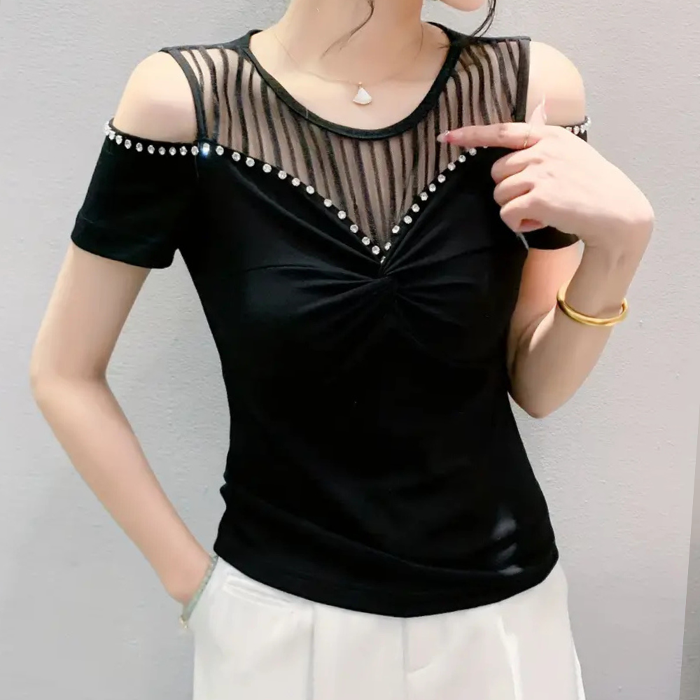 Schwarzes Damen-Oberteil mit transparentem Netzstoff und Perlendetails, schulterfrei.