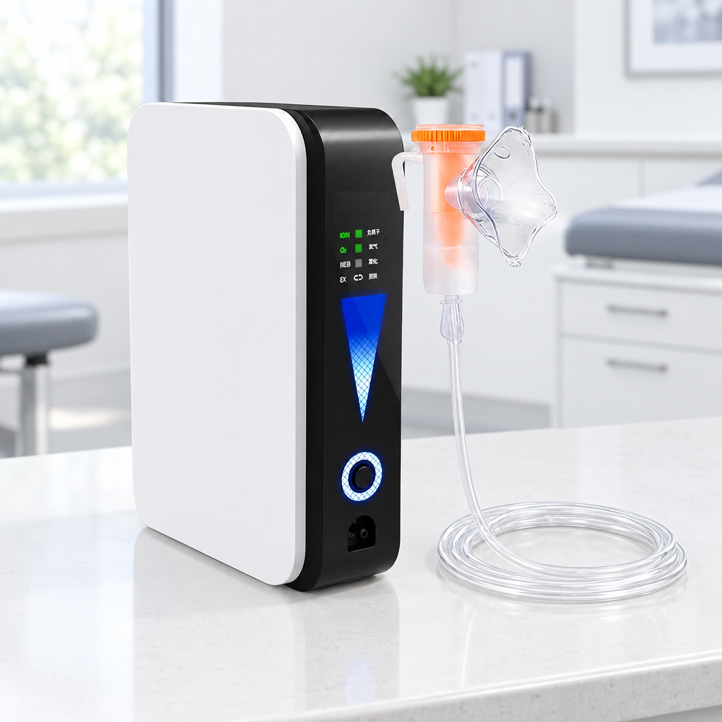White and black compact concentrator beside a nebulizer cup, mask and coiled clear tubing on a clinic countertop 1