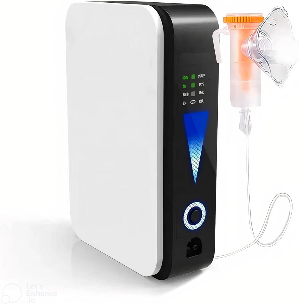 Angled studio view of the white-faced unit with glowing blue display, attached nebulizer cup, mask and loose tubing 2