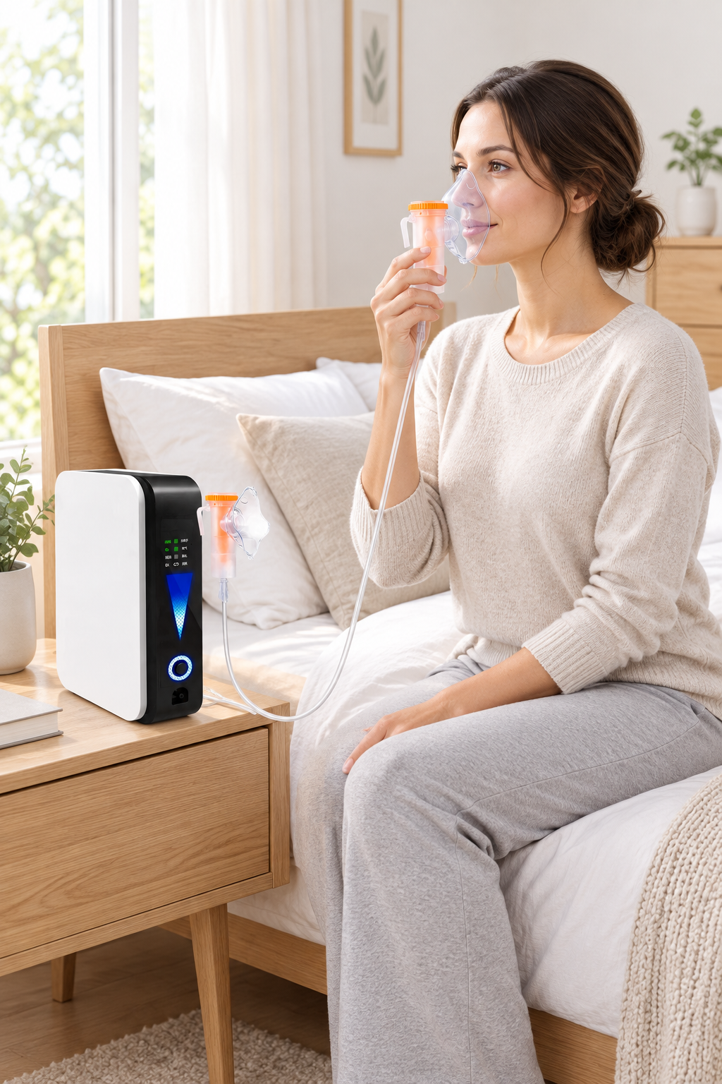 Woman in a cozy bedroom sits on the bed breathing through a clear mask connected to the bedside machine 1