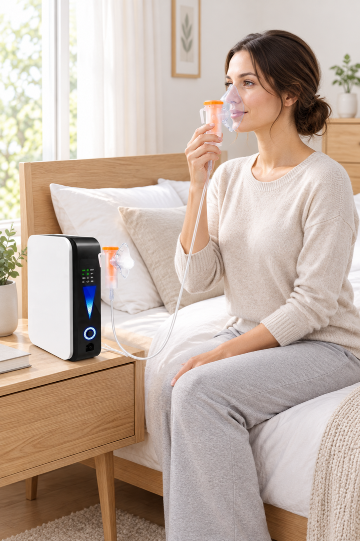 Woman in a cozy bedroom sits on the bed breathing through a clear mask connected to the bedside machine 1