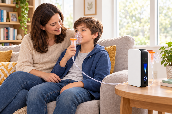Smiling woman sits with a boy breathing through a nebulizer mask, the compact white and black unit on a side table 1