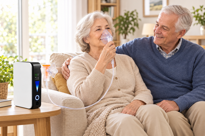 Smiling older woman breathes through a nebulizer mask beside the white and black unit while a man sits next to her 1