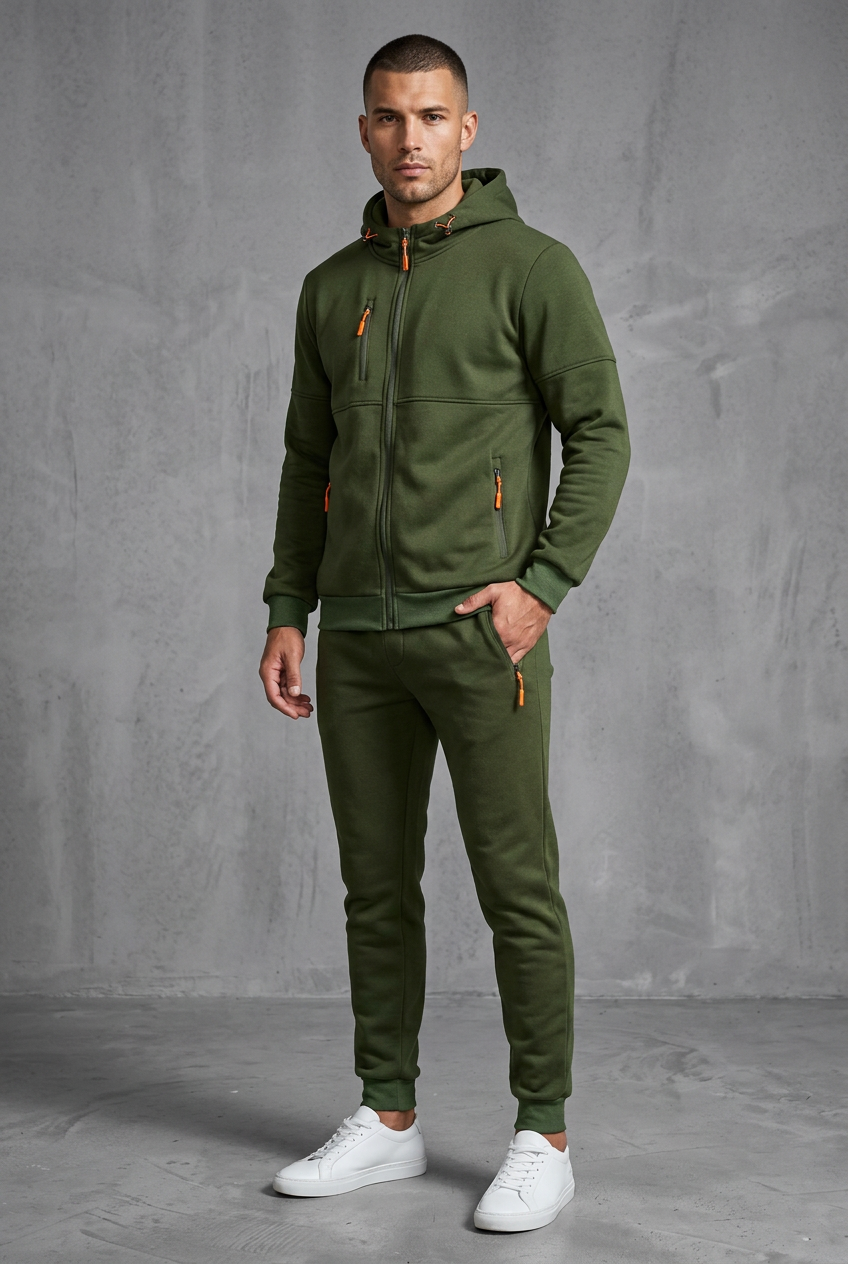 Man in olive green hooded zip jacket and joggers with orange zipper pulls, front view 6