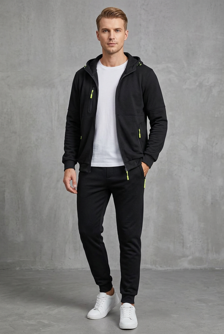Front view of a black open zip hoodie and joggers with neon yellow zipper pulls over a white tee 8