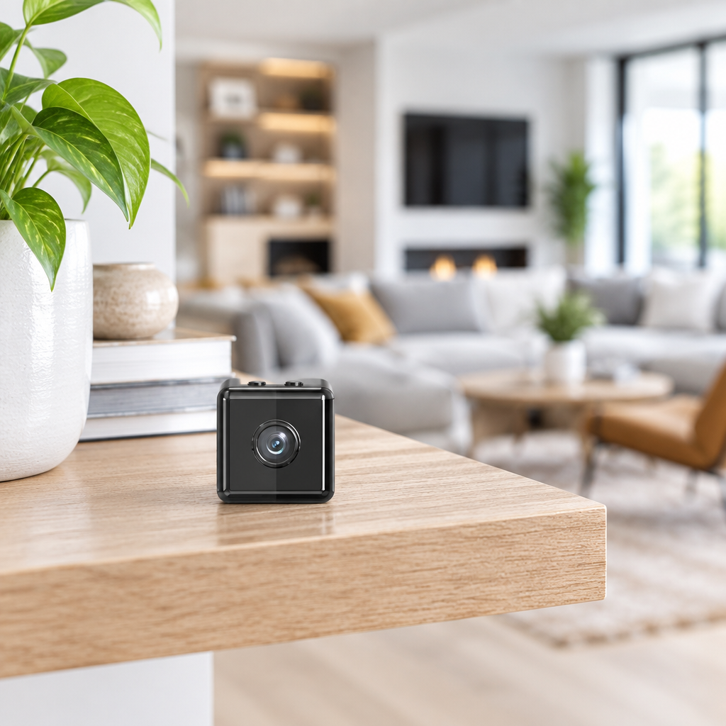 Small black cube camera on the edge of a wooden table in a bright living room 1