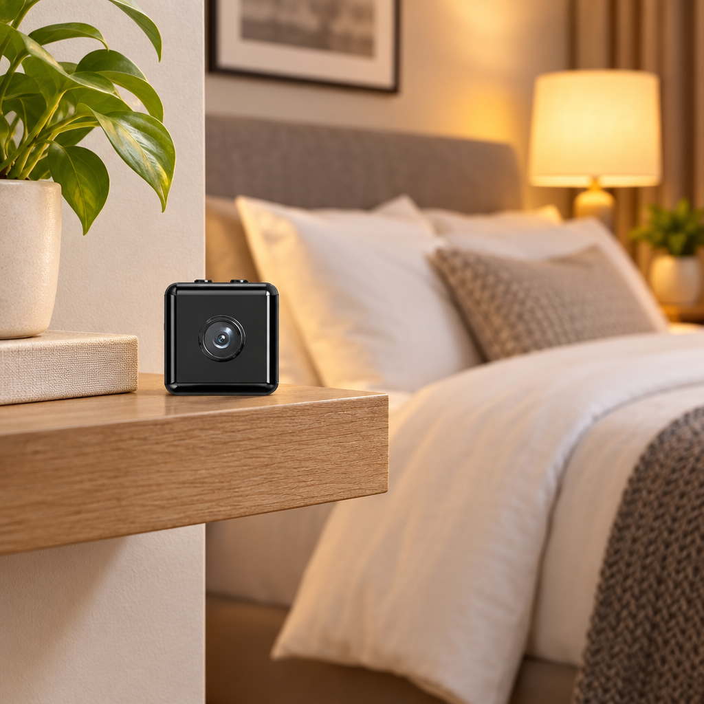 Small black cube camera sitting on a wooden shelf beside a plant, with a cozy bedroom behind 1