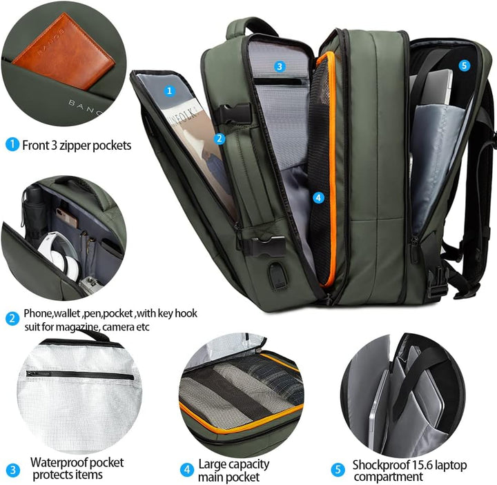 Expandable 26–45L Waterproof Travel Backpack with Laptop Sleeve & Duffle Carry
