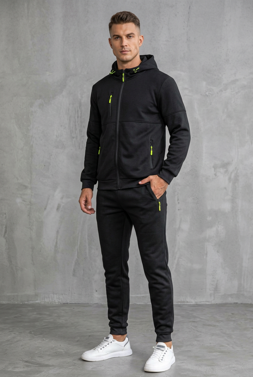 Man in black hooded zip jacket and joggers with neon yellow zipper pulls against a concrete wall 8