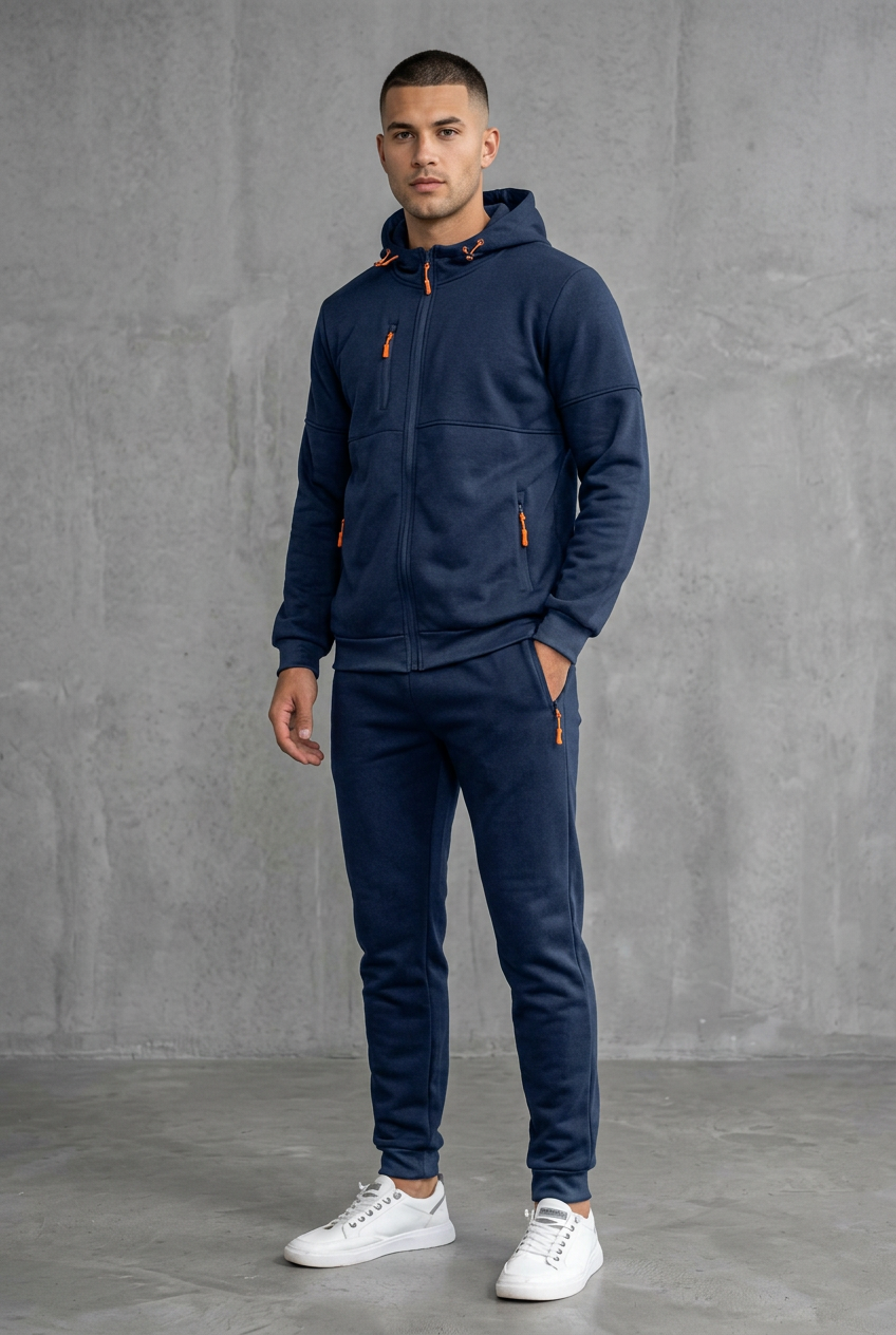 Man in navy hooded zip jacket and joggers with orange zipper pulls, front view against concrete wall 2