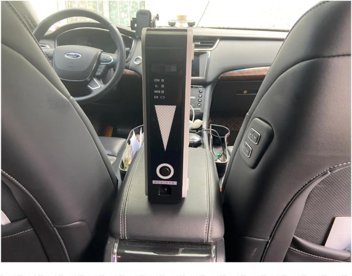 Unit standing upright on a car's center armrest between the front seats, showing in-vehicle use 6