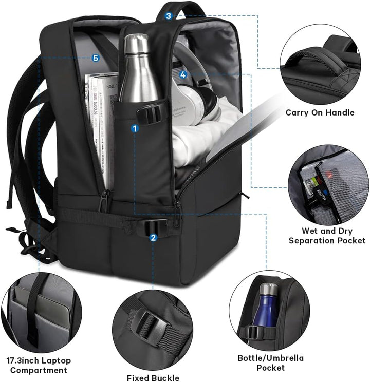 Expandable 26–45L Waterproof Travel Backpack with Laptop Sleeve & Duffle Carry