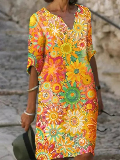 Vestido com decote em V e padrão de flores - Luna