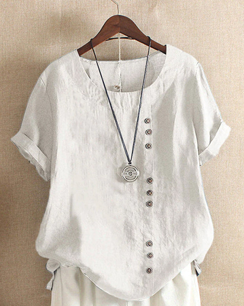 Camiseta clássica de cor sólida com mangas curtas e decote redondo - Emma