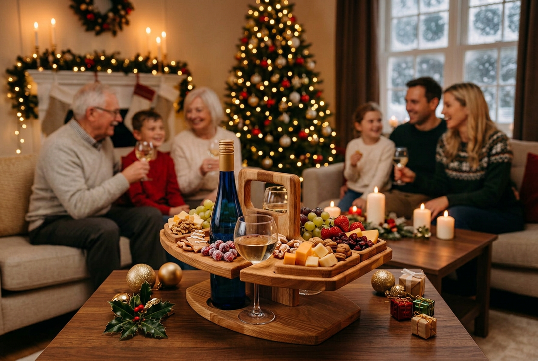 Wooden serving board with wine and snack trays on a coffee table as a family celebrates 1