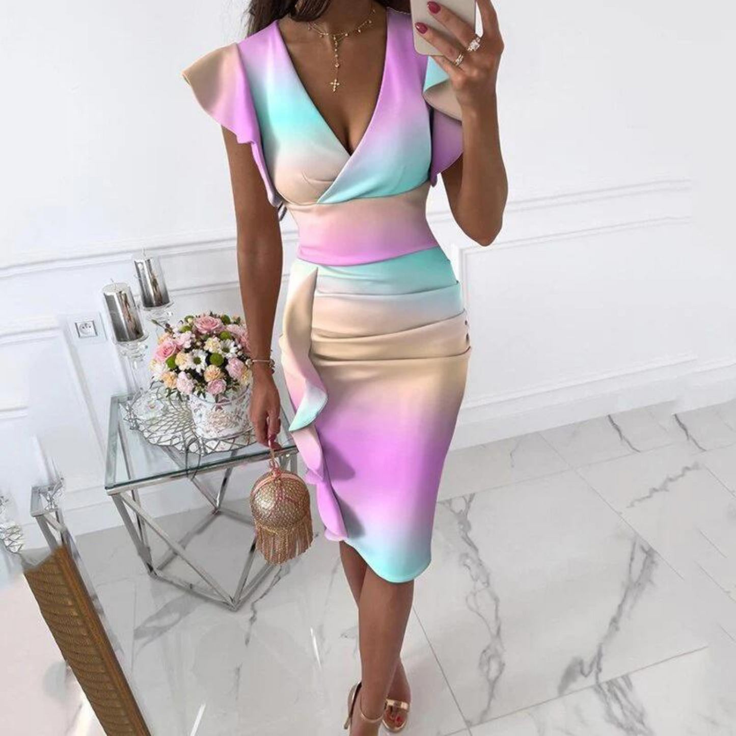 Vestido elegante com decote em V e mangas plissadas - Maud