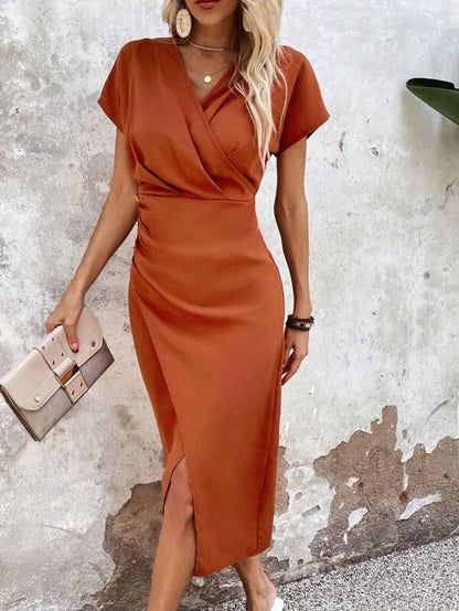 Vestido midi laranja elegante com decote em V - Ruby