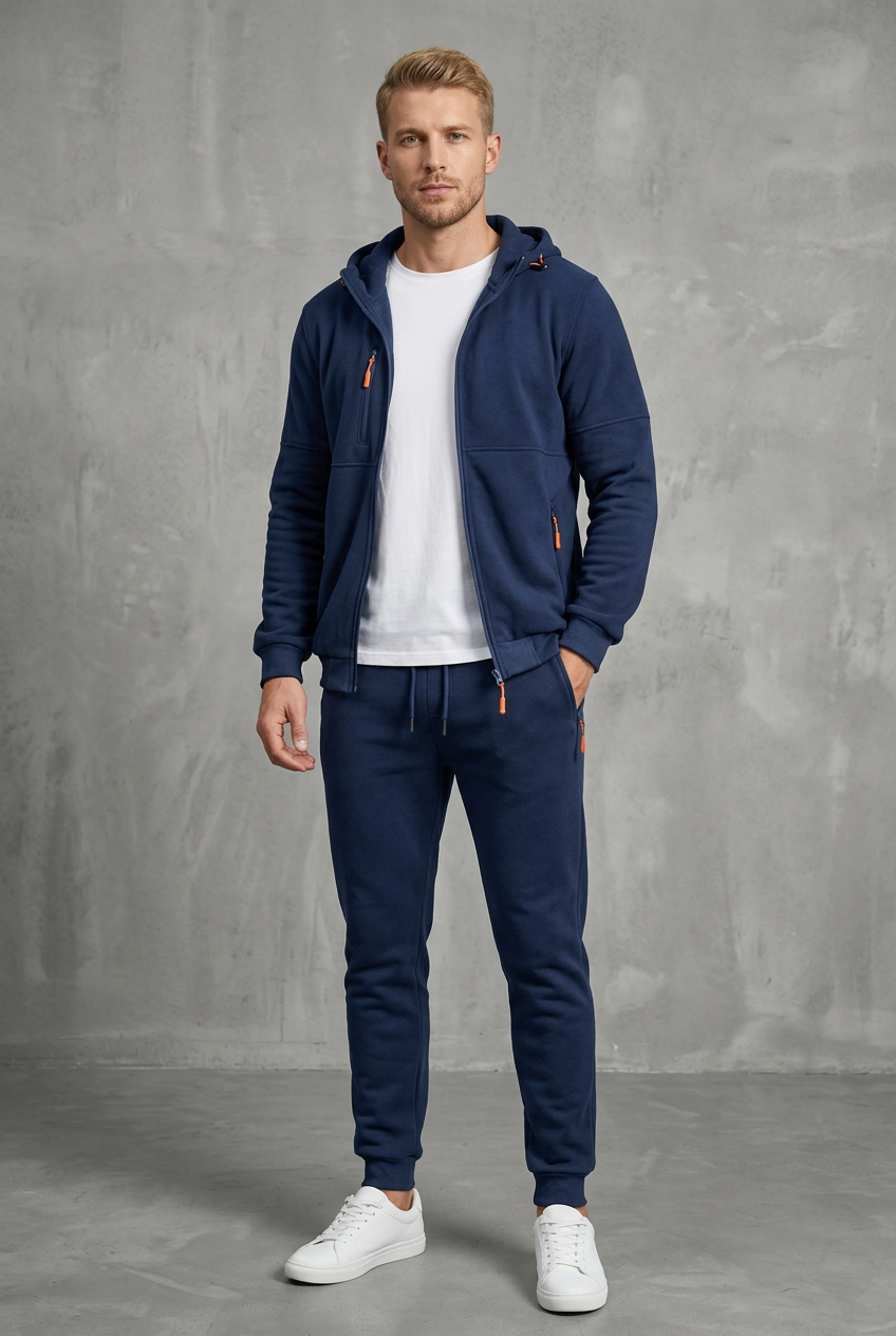 Front view of a navy zip hoodie and joggers with orange zipper pulls, worn over a white tee 2