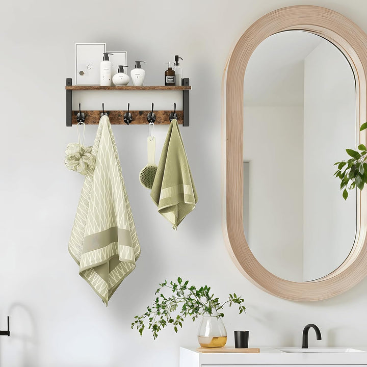 Wall-Mounted Coat Rack with Shelf and 5 Metal Hooks – Ravora