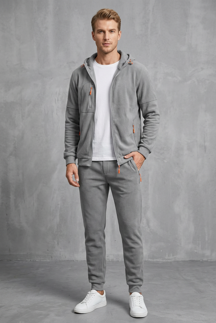 Front view of a light gray fleece zip hoodie and joggers with orange zipper pulls on a model 10