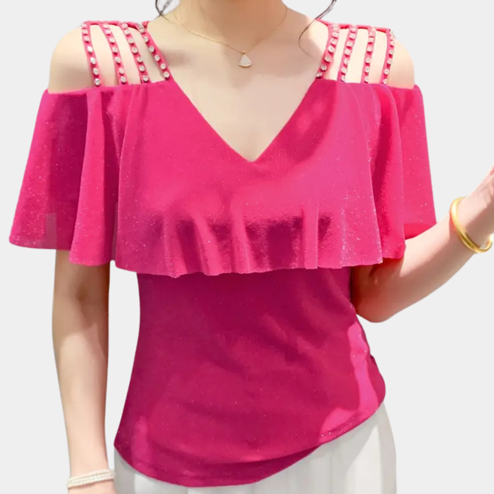 Fuchsia schulterfreies Top mit Perlen, V-Ausschnitt, Sommermode, Damenbekleidung.