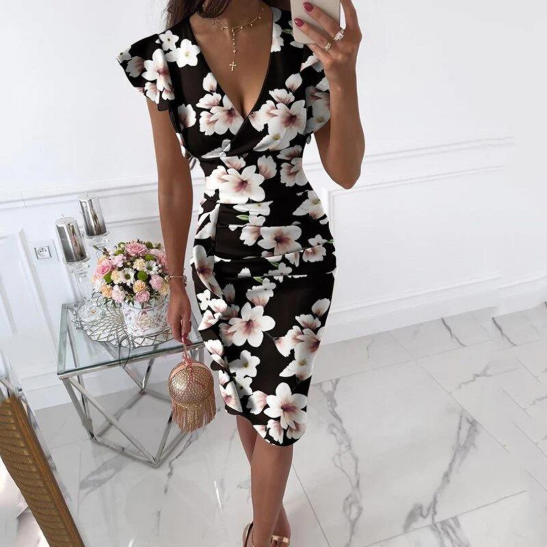 Vestido elegante com decote em V e mangas plissadas - Maud