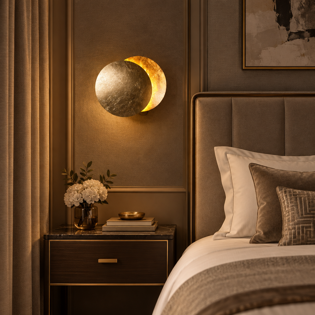 Gold-leaf moon wall lamp glowing above a marble nightstand beside an upholstered bed in a bedroom 1