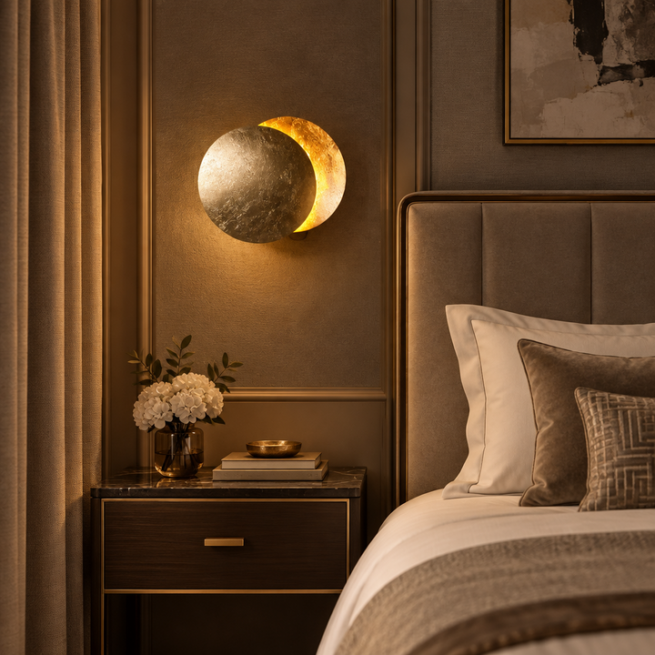 Gold-leaf moon wall lamp glowing above a marble nightstand beside an upholstered bed in a bedroom 1
