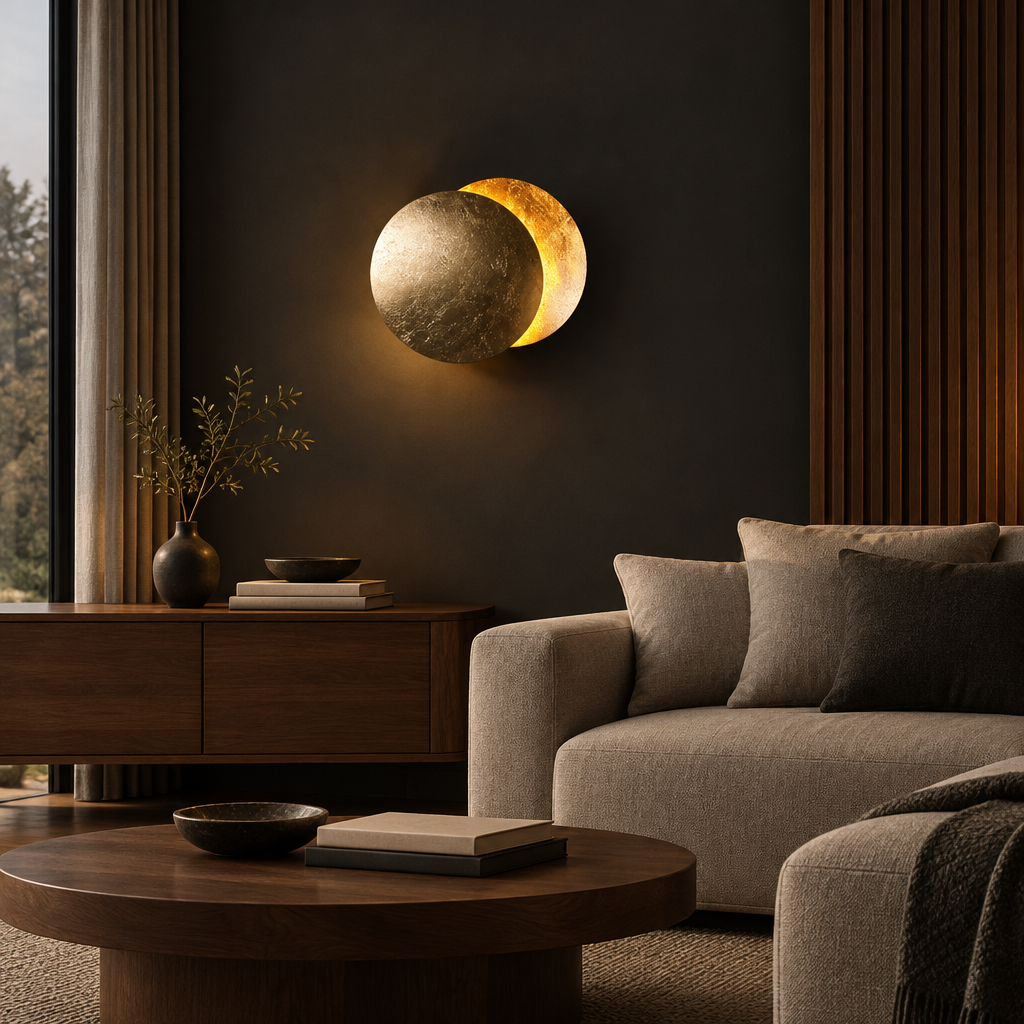 Gold-leaf disc lamp glowing on a dark wall above a wooden sideboard and beige sofa 1