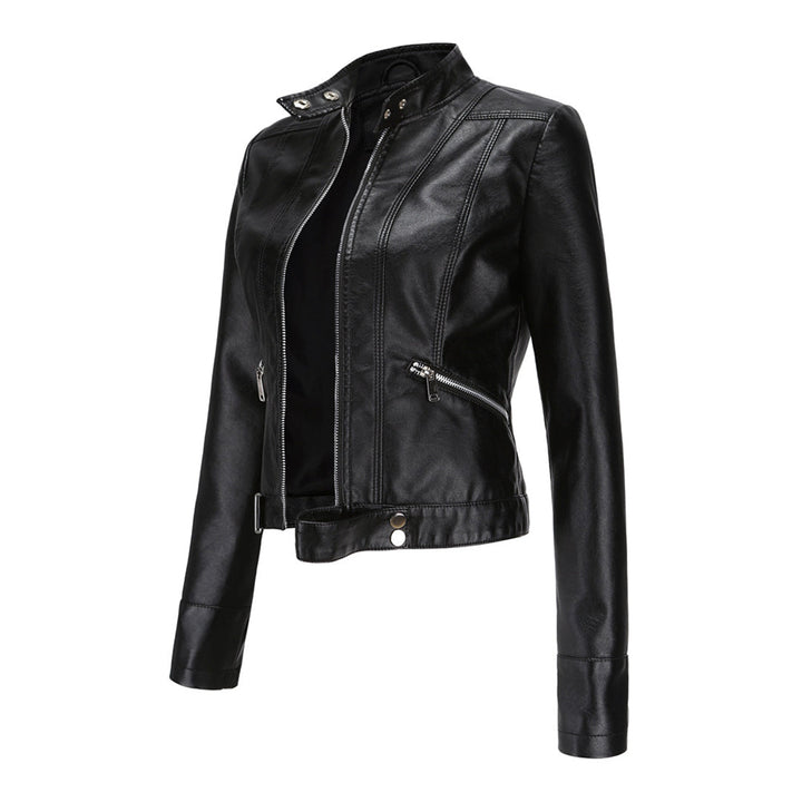 Black cropped jacket from a side angle on white, showing the diagonal zip pocket and snap-closure hem tab 5