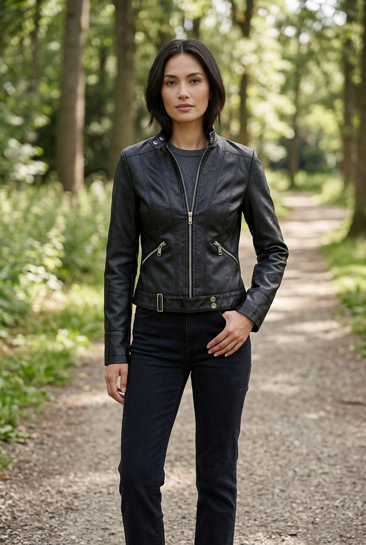 Woman wearing the black cropped zip jacket with dark jeans on a sunlit forest path 1