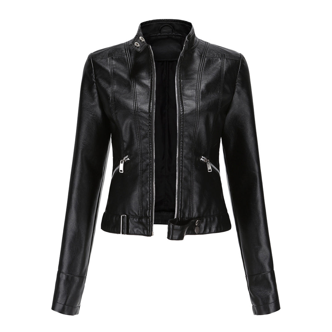 Black cropped jacket seen from the front, unzipped, with stand collar, zip pockets and belted hem 2