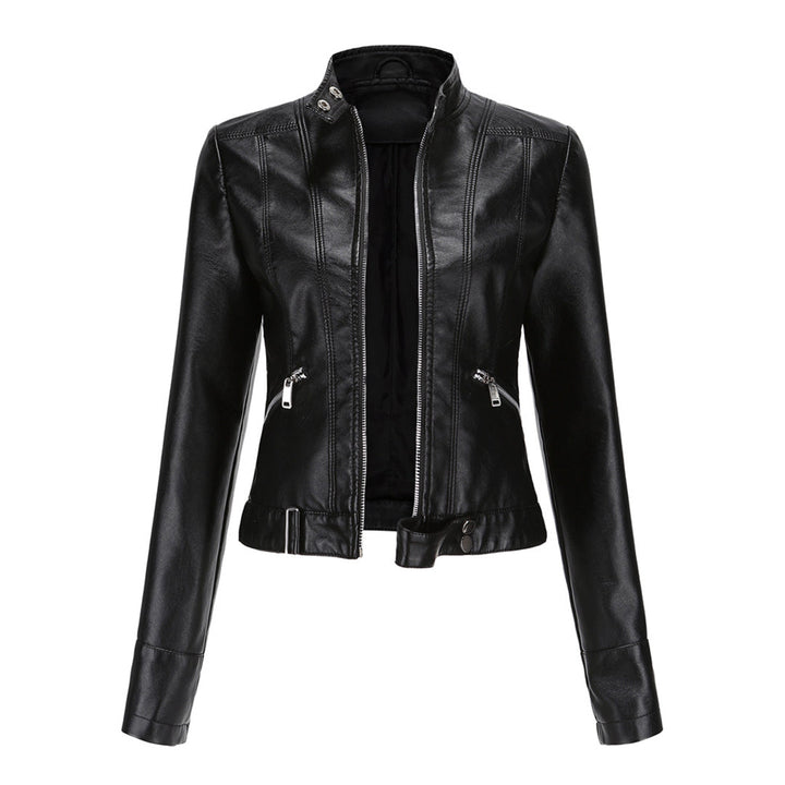 Front view of the black cropped jacket unzipped, showing stand collar, zip pockets and belted hem 3