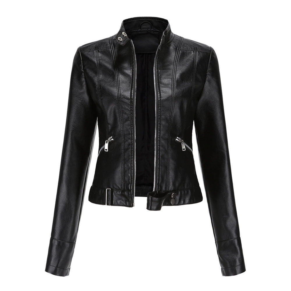 Black cropped jacket laid flat from the front, unzipped, showing silver zippers and belted hem 2