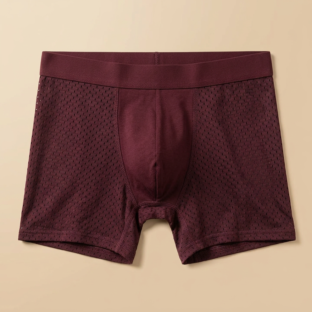 Front view of burgundy boxer briefs laid flat, with perforated side panels, smooth center panel and wide waistband 6