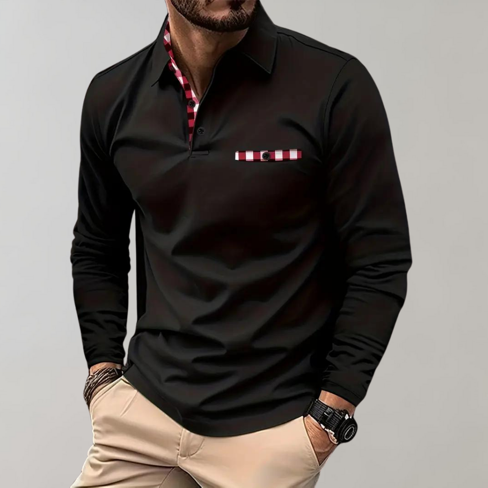 Schwarzes Herren-Poloshirt mit rotem Karomuster, langärmelig, modisch, elegant.