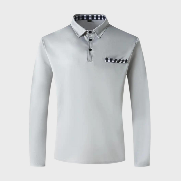 Silbergraues Herren-Poloshirt, langärmelig, kariertes Detail, Baumwolle, modisch.