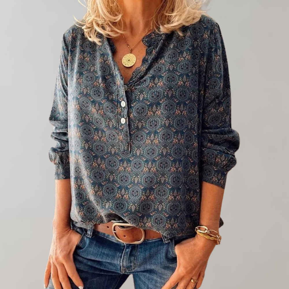 Vintage Ladies' Blouse with Button Closure and Print – Selina
