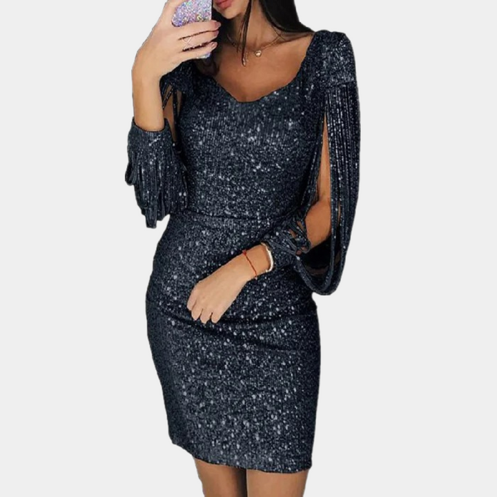 Funkelndes schwarzes Paillettenkleid mit langen Ärmeln, elegantes Abendkleid für Damen.
