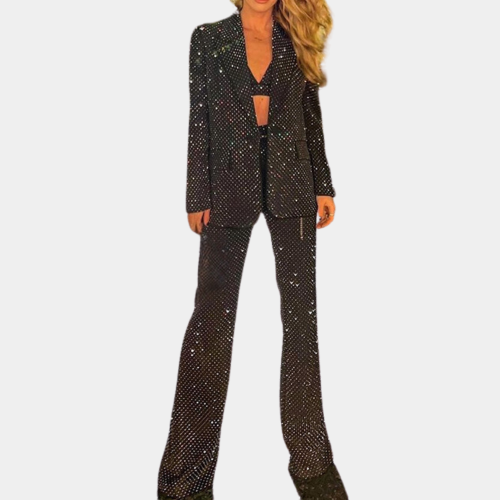 Schwarzer Damenanzug mit Glitzer, elegantes Design, modische Abendgarderobe, Party-Outfit.