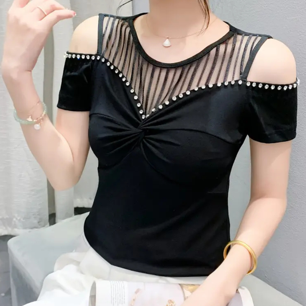 Schwarzes Damen-Oberteil mit Perlen, schulterfrei, Netzstoff, elegant, modisch, Sommermode.