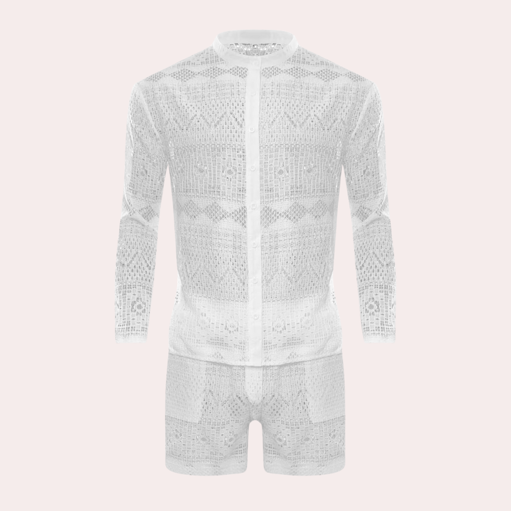 Weißer Häkel-Shortsanzug für Herren, langärmlig, Sommermode, atmungsaktiv, elegant.