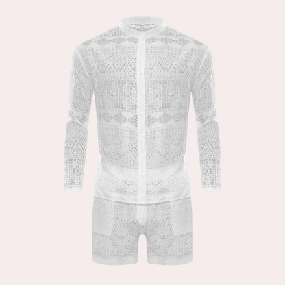 Weißer Häkel-Shortsanzug für Herren, langärmlig, Sommermode, atmungsaktiv, elegant.