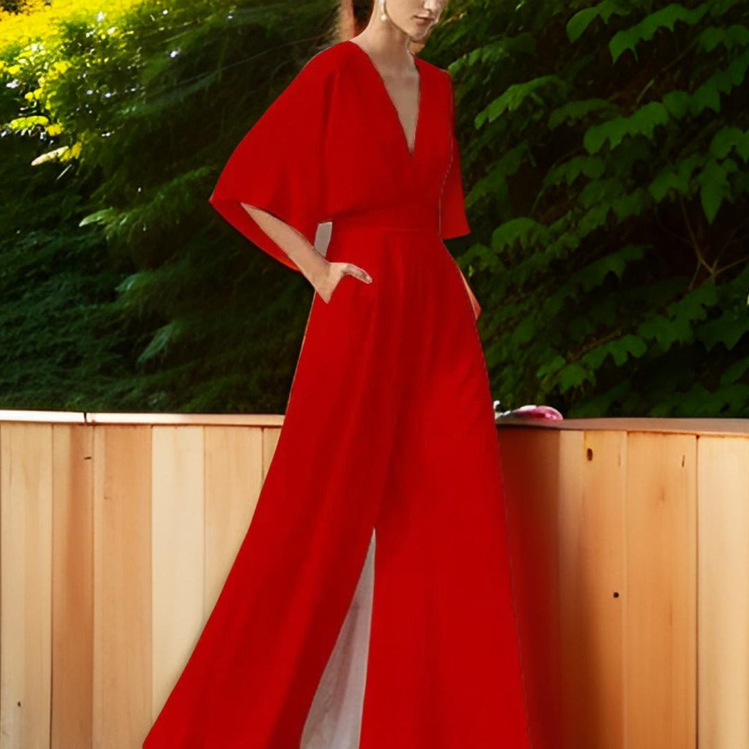 Macacão com Decote em V e Manga Três Quartos - Aurora Chic